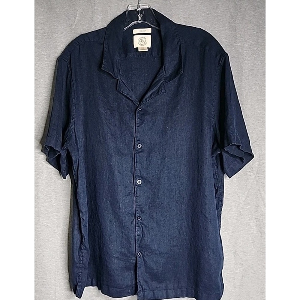 Panama Jack Shirt 100% Linen Mens XL Navy Blue Button Up Short Sleeve Collared
